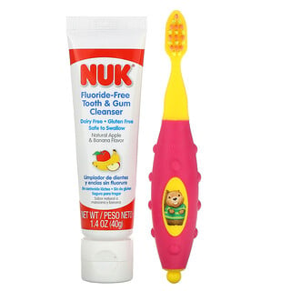 NUK, Grins & Giggles, Juego de cepillo de dientes para niños pequeños, Suave, Desde los 12 meses, 1 limpiador y 1 cepillo