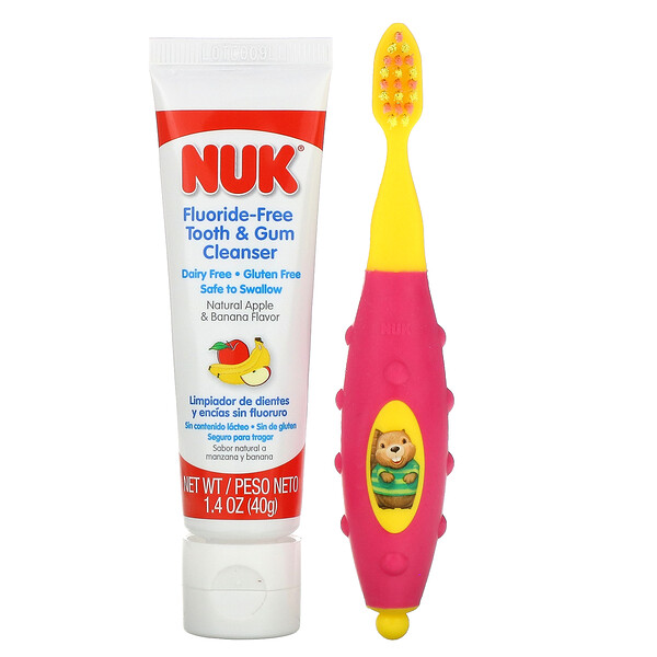 NUK‏, Grins & Giggles סט מברשות שיניים לפעוט, רכות, +12 חודשים, 1 משחת ניקוי ו-1 מברשת שיניים