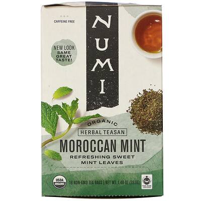Numi Tea Organic Herbal Teasan, марокканская мята, без кофеина, 18 чайных пакетиков, 39,6 г (1,40 унции)