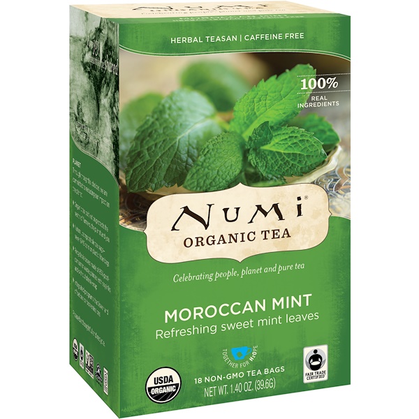 Numi Tea, Органический чай, травяные чаи, марокканская мята, без кофеина, 18 чайных пакетиков, 1,40 унц. (39,6 г)