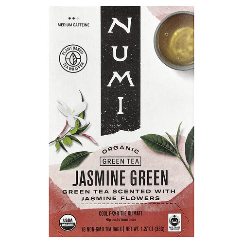 Numi Tea Organic Green Tea, Jasmine Green, 18 Tea Bags, 1.27 oz (36 g)