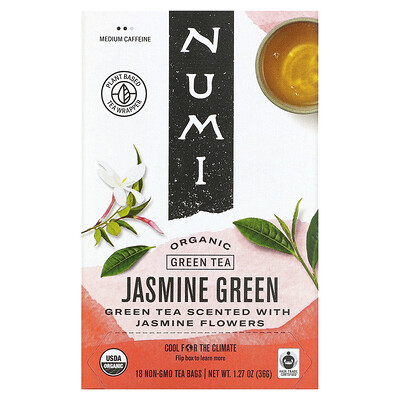 Numi Tea Органический зеленый чай, зеленый жасмин, 18 чайных пакетиков, 1,27 унции (36 г)