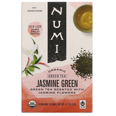 Numi Tea Organic Green Tea, Jasmine Green, 18 Tea Bags, 1.27 oz (36 g)