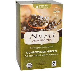 Numi Tea, Органический зеленый чай, среднее содержание кофеина, 18 чайных пакетиков, 1,27 унции (36 г)