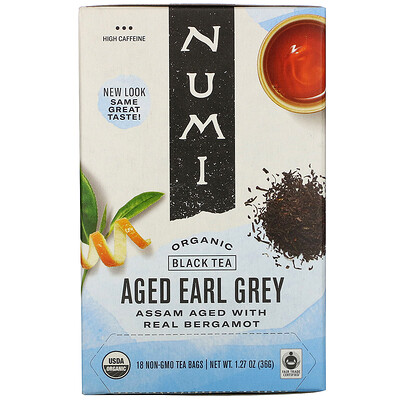 Numi Tea Органический черный чай, выдержанный Эрл Грей, 18 чайных пакетиков, 1,27 унции (36 г)