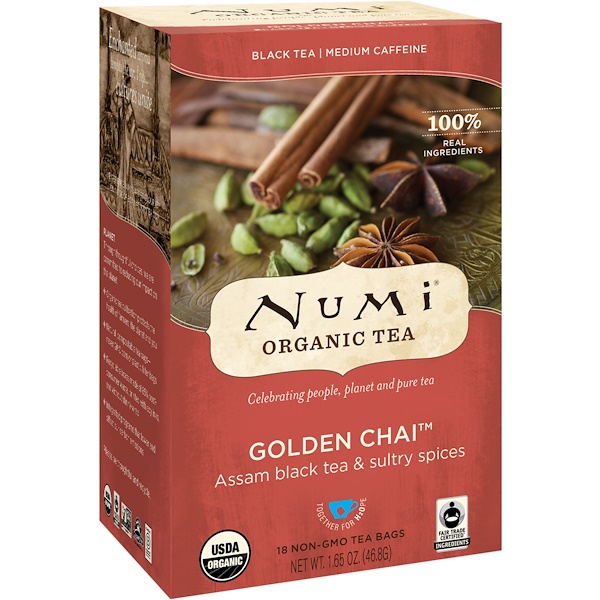 Numi Tea, Органический черный чай, со средним содержанием кофеина, Золотой чай, 18 чайных пакетиков, 1,65 унции (46,8 г)