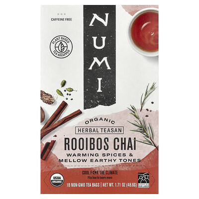 Numi Tea, Té de hierbas orgánicas, Rooibos chai, Sin cafeína, 18 bolsitas de té, 48,6 g (1,71 oz)