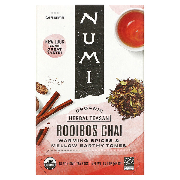 Numi Tea‏, Organic Herbal Teasan, Rooibos Chai, Caffeine Free, 18 Tea Bags, 1.71 oz (48.6 g)