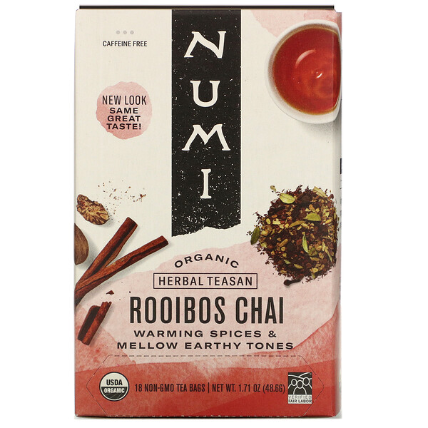 Numi Tea‏, Organic Herbal Teasan, Rooibos Chai, Caffeine Free, 18 Tea Bags, 1.71 oz (48.6 g)