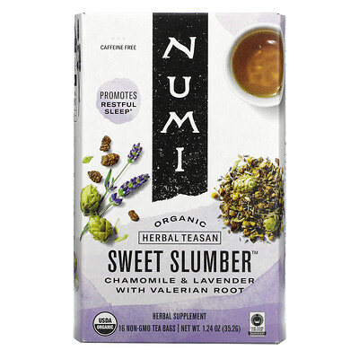 Numi Tea Organic Herbal Teasan, Sweet Slumber, Caffeine Free, 16 Tea Bags, 1.24 oz (35.2 g)