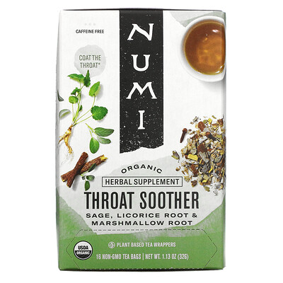 Numi Tea Organic, успокаивающее средство для горла, без кофеина, 16 чайных пакетиков без ГМО, 32 г (1,13 унции)