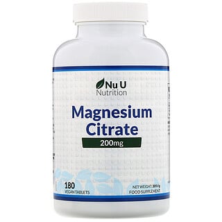 Nu U Nutrition, Citrato de magnesio, 200 mg, 180 comprimidos veganos