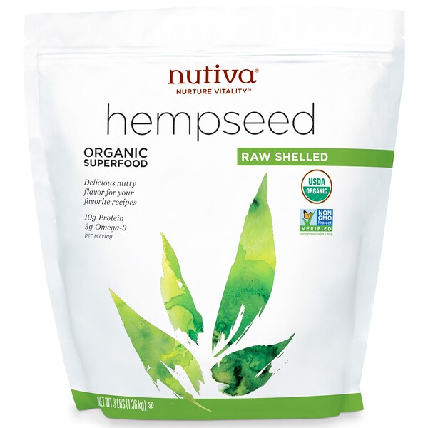 Nutiva‏, זרעי המפ אורגניים קלופים, 1.36 ק"ג (3 ליברות)