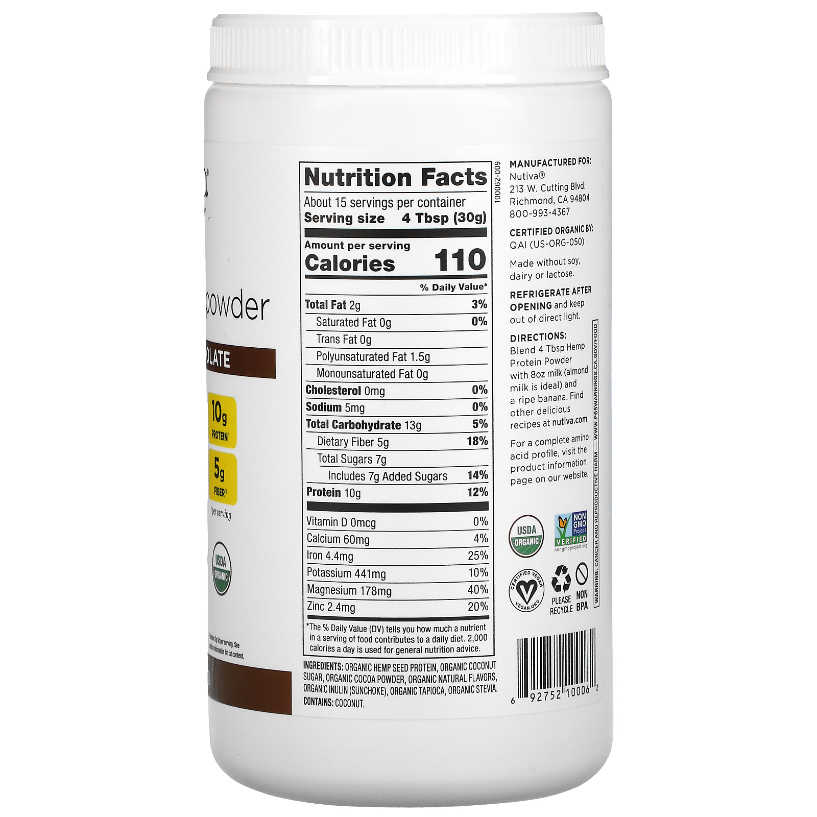 Nutiva, Organic Hemp Protein Powder, Chocolate, 16 oz (454 g) iHerb