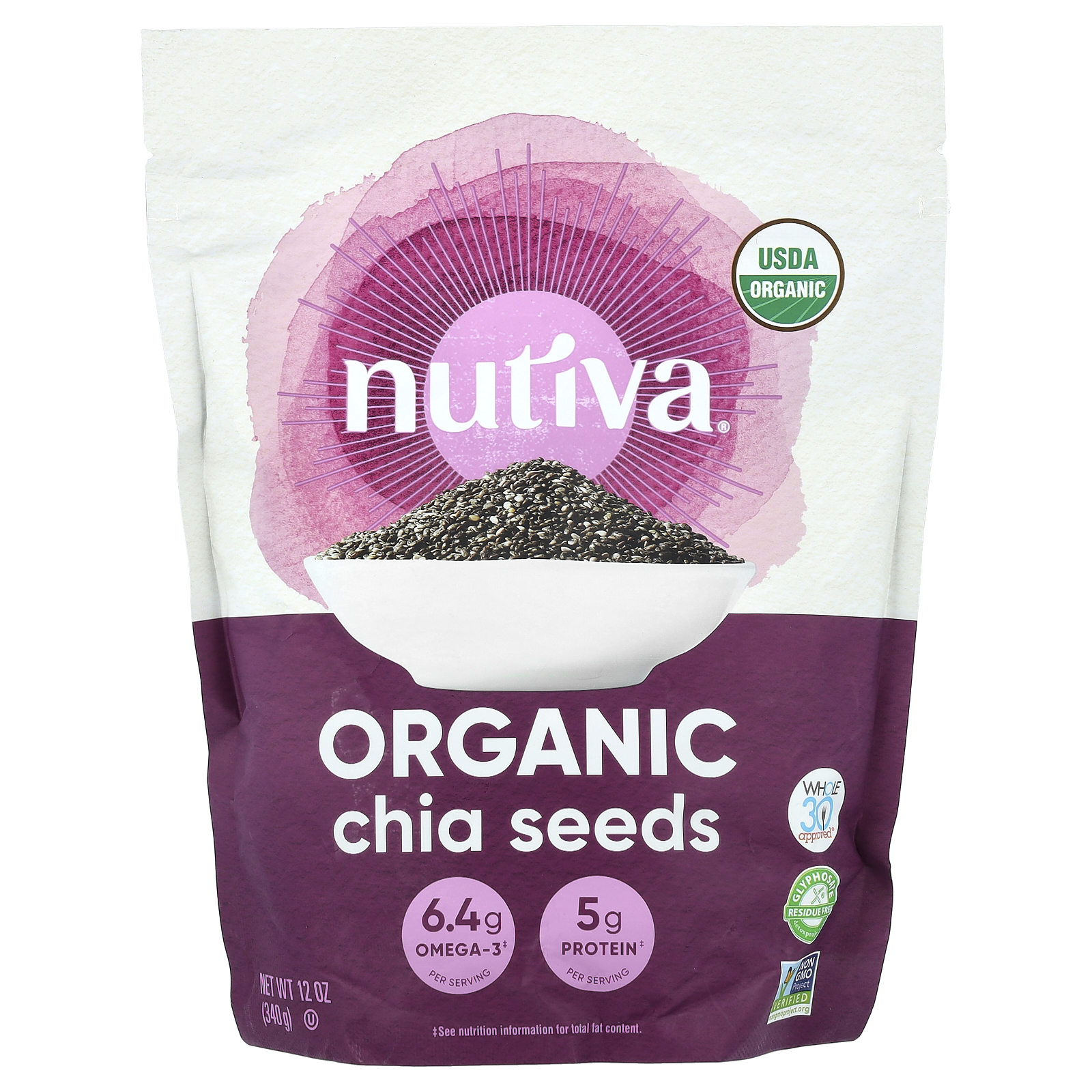 Nutiva Organic Chia Seed Black 12 унций 340 г B Corp без глютена кошерный без ГМО 3290₽