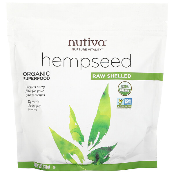 Nutiva‏, זרעי המפ אורגניים, קליפה גולמית, 539 גר' (oz 19)