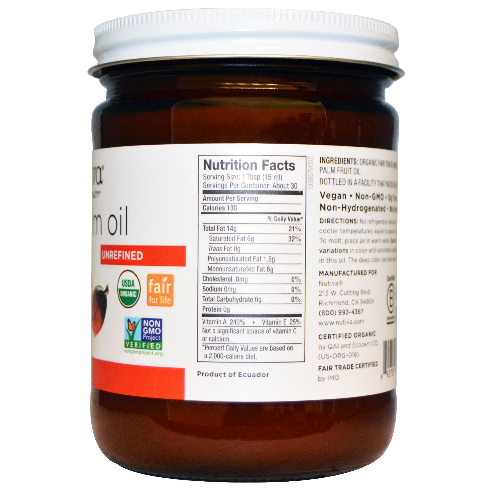 Nutiva, Organic Red Palm Oil, Unrefined, 15 fl oz (444 ml ...