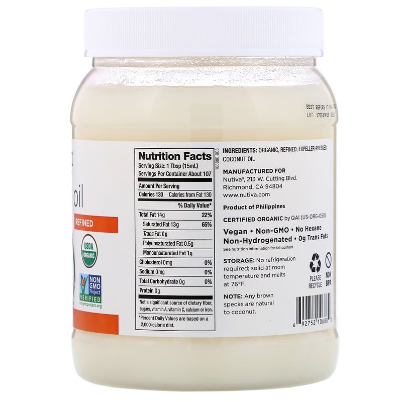 Nutiva, Organic Coconut Oil, Refined, 54 fl oz (1.6 l) - iHerb