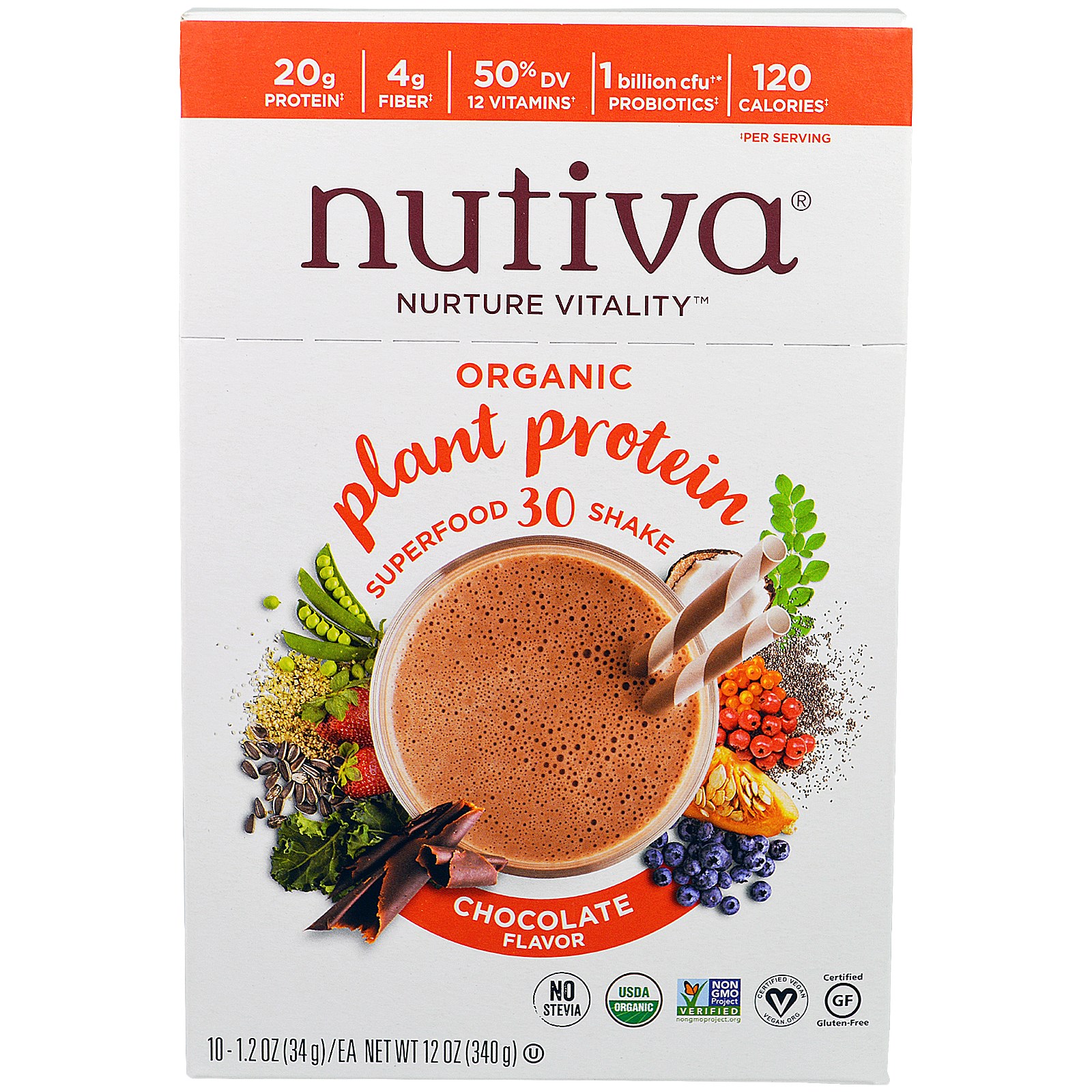 Nutiva, Organic Plant Protein, Chocolate Flavor, 10