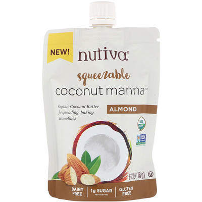 

Nutiva Органическое сжимаемое кокосовое масло, Coconut Manna, со вкусом миндаля, 176 г