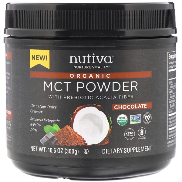 Nutiva, Органические среднецепочечные триглицериды (MCT) в виде порошка, со вкусом шоколада, 300 г