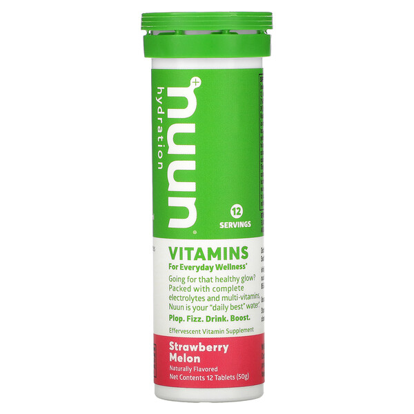 Hydration, Vitamins, Effervescent Vitamin Supplement, Strawberry Melon, 12 Tablets