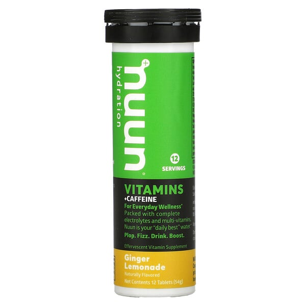 Nuun, Hydration, Vitamins + Caffeine, Effervescent Vitamin Supplement, Ginger Lemonade,  12 Tablets