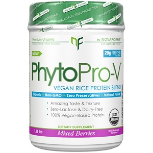 Отзывы о НоваФорме, PhytoPro-V, Certified USDA Raw Organic Premium Vegan Rice Protein, Mixed Berries, 1.28 lbs (580 g)