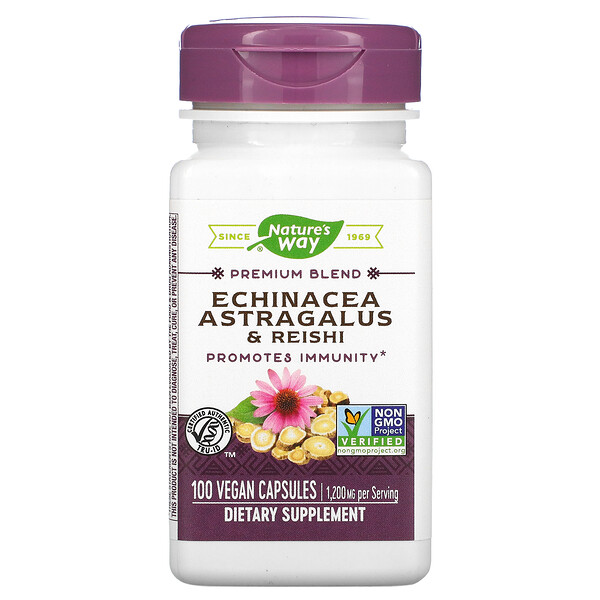 Nature's Way, エキナセアキバナオウギ＆霊芝、400 mg、ビーガンカプセル100粒