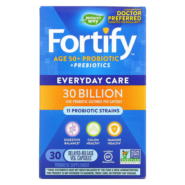 Nature's Way, Fortify, Age 50+ Probiotic + Prebiotics, Everyday Care, 30 Billion, 30 Delayed-Release Veg Capsules
