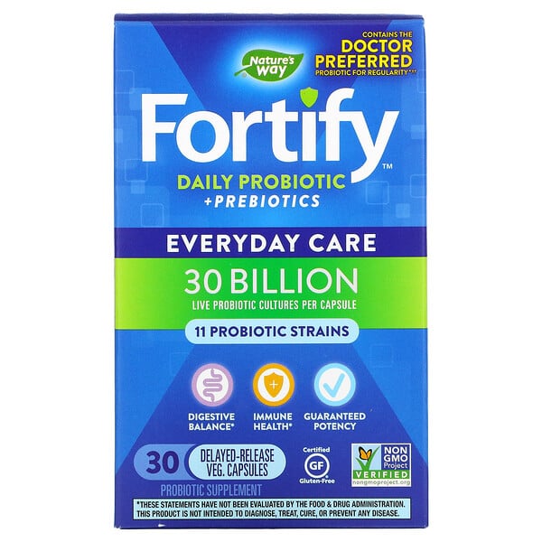 Fortify, Daily Probiotic + Prebiotics, Everyday Care, 30 Billion CFU, 30 Delayed-Release Veg. Capsules