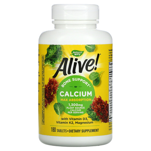 Nature's Way‏, Alive!, Calcium with Vitamin D3, Vitamin K2, Magnesium, 325 mg, 180 Tablets