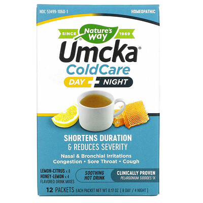 

Nature's Way, Umcka, Cold Care, Day + Night, Soothing Hot Drink, Lemon-Citrus, Honey-Lemon, 12 Packets, 0.17 oz Each, (8 Day / 4 Night)