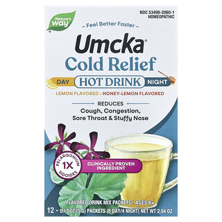 ناتشرز واي‏, Umcka® ، مشروب ساخن لتخفيف نزلات البرد ، صباحًا ومساءً ، للأعمار من 6 سنوات فما فوق ، بنكهة الليمون والعسل والليمون ، 12 كيسًا ، 0.17 أونصة (5 جم) لكل كيس