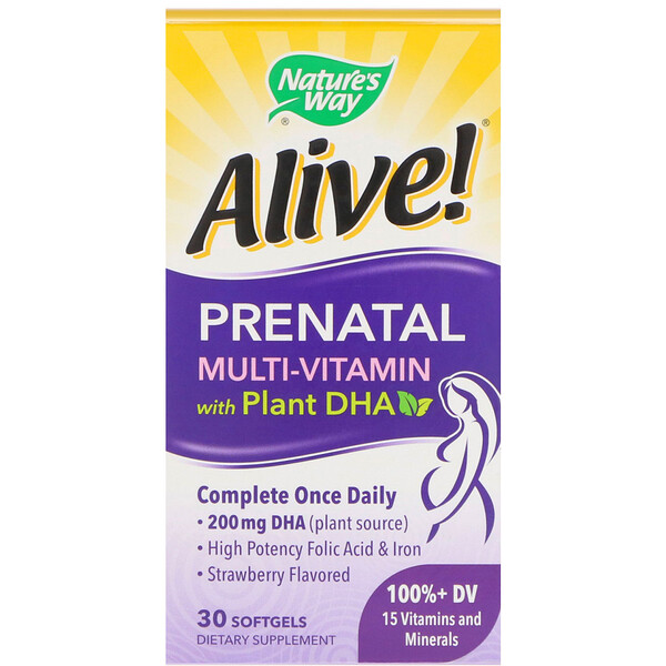 Nature's Way, Alive! Prenatal MultiVitamin with Plant DHA, Strawberry