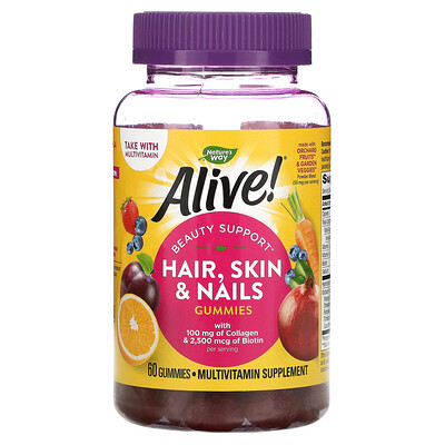 Nature's Way Alive! добавка с коллагеном и биотином для волос кожи и ногтей со вкусом клубники 60 жевательных таблеток