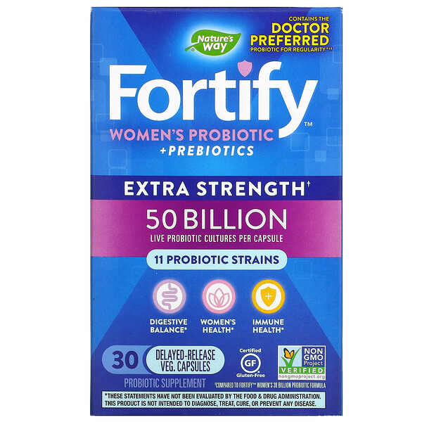 Fortify بروبيوتيك + بريببيوتك للنساء، قوة مضاعفة، 50 مليار وحدة تشكيل مستعمرة، 30 كبسولة نباتية متأخرة المفعول