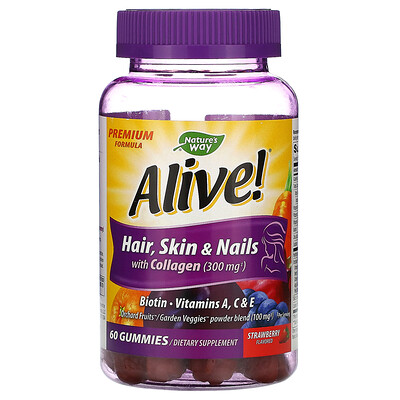 Nature's Way Alive! Для волос, кожи и ногтей; содержит коллаген; вкус клубники, 60 жевательных конфет