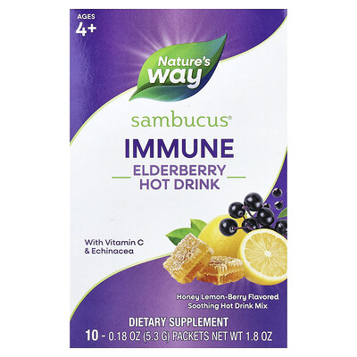 Nature's Way, Sambucus®, Mezcla para preparar bebidas calientes, Saúco estandarizado, Miel, limón y bayas, 10 sobres, 0,18 oz cada uno