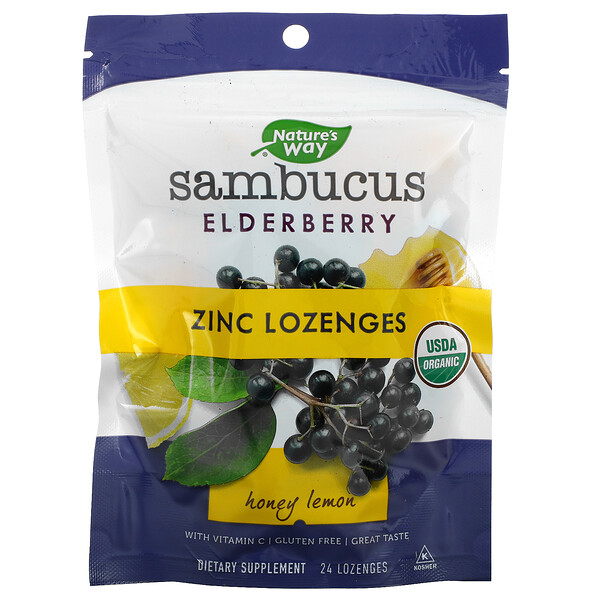 פרי הסמבוק (Sambucus Elderberry), טבליות אבץ למציצה עם ויטמין C, דבש לימון, ‏24 יחידות