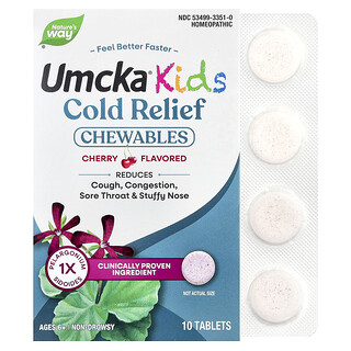 Nature's Way, Umcka® Kids, Comprimidos masticables para aliviar el resfriado, No produce somnolencia, De 6 años en adelante, Cereza, 10 comprimidos