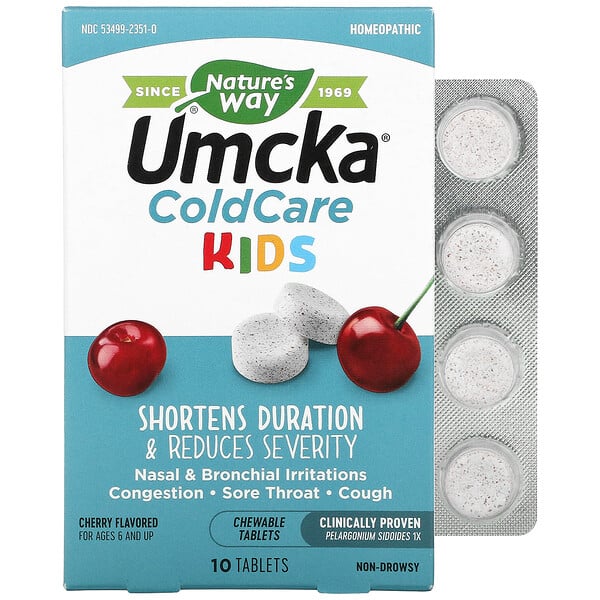 Nature's Way, Umcka, ColdCare Kids,  For Ages 6 and Up, Cherry Flavored, 10 Chewable Tablets