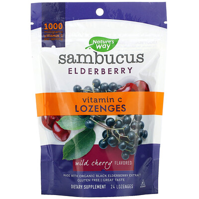 Nature's Way Sambucus Elderberry, пастилки с витамином C, со вкусом вишни, 24 пастилки
