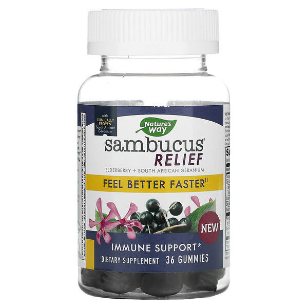 Nature's Way‏, Sambucus Relief, Immune Support, Elderberry + South African Geranium, 36 Gummies