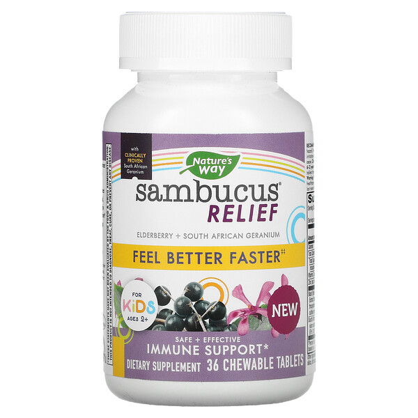 Nature's Way‏, Sambucus Relief, Immune Support, For Kids, Ages 2+, Berry, 36 Chewable Tablets