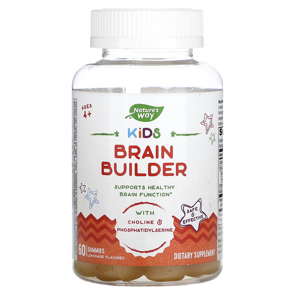 Nature's Way‏, Kids Brain Builder, לתמיכה בהתפתחות המוחית, לגילאי 4 ומעלה, בטעם לימונדה, 60 סוכריות גומי