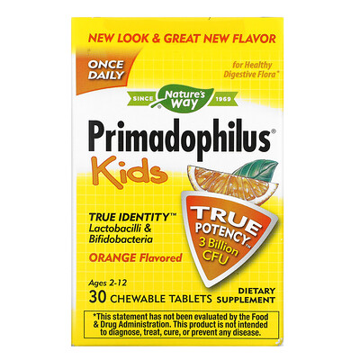 Nature's Way Primadophilus, для детей, со вкусом апельсина, 3 млрд КОЕ, 30 жевательных таблеток