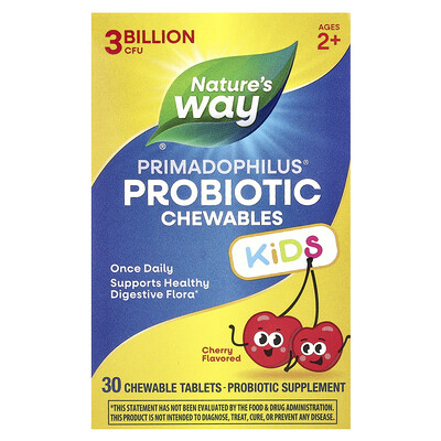 Nature's Way, Primadophilus®, Probióticos masticables para niños, De 2 años en adelante, Cereza, 3000 millones de UFC, 30 comprimidos masticables