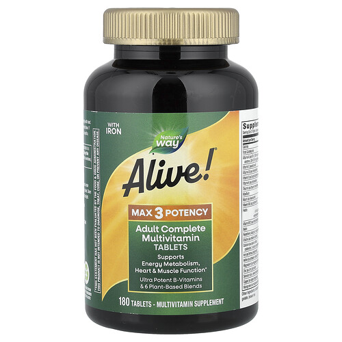 Nature's Way, Alive! Max 3 Potency Adult Complete Multivitamin, with Iron, 180 Tablets