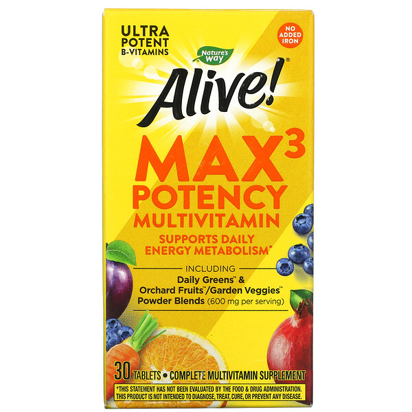 Nature's Way, Alive! Max3 Potency, мультивитамины повышенной эффективности, без добавления железа, 30 таблеток